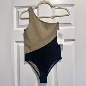Aura One Piece Bodysuit in Black and Tan